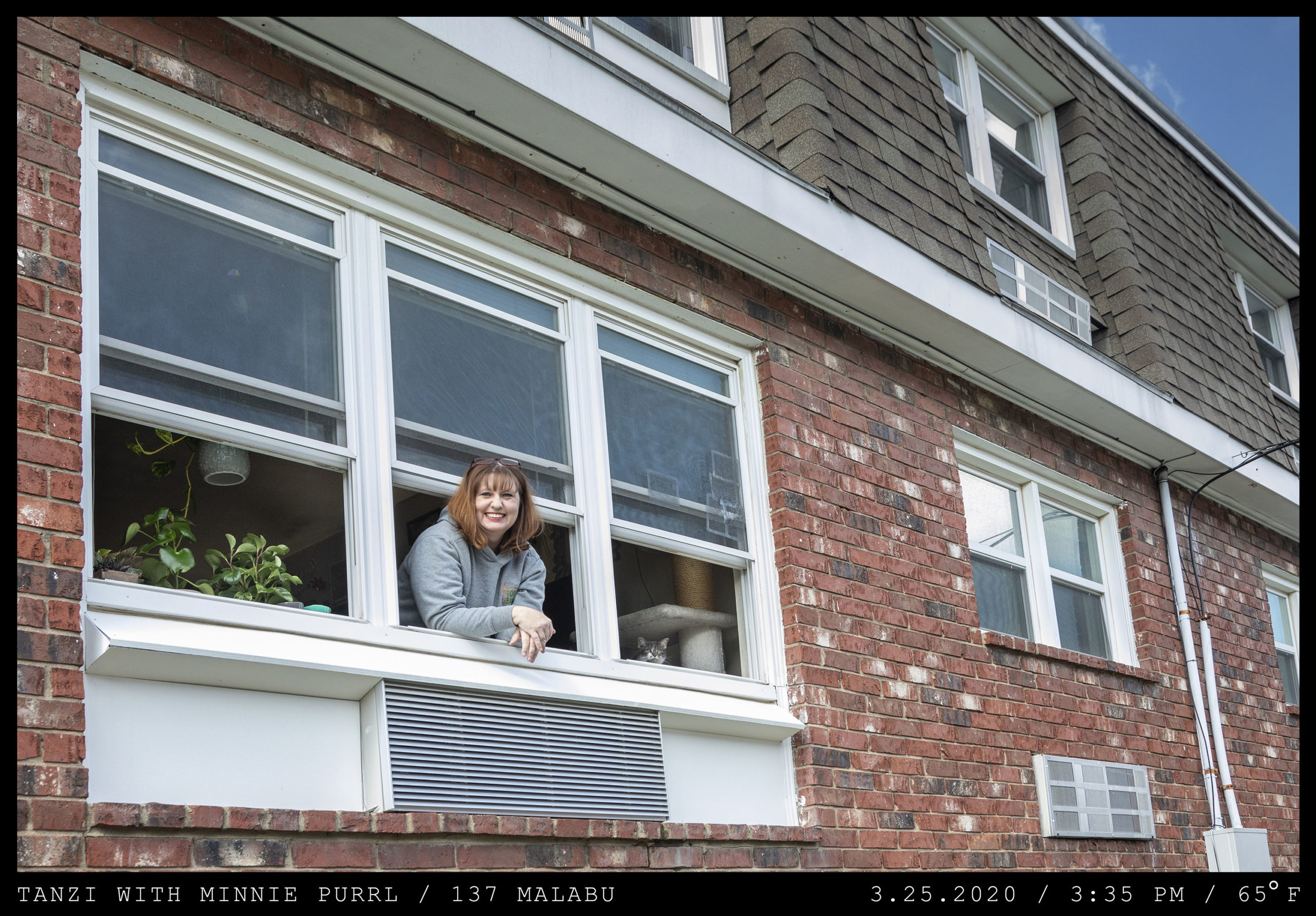 A woman leans from the window of a brick apartment, glsses seated atop her shoulder-length hair which a cat looks on from inside.